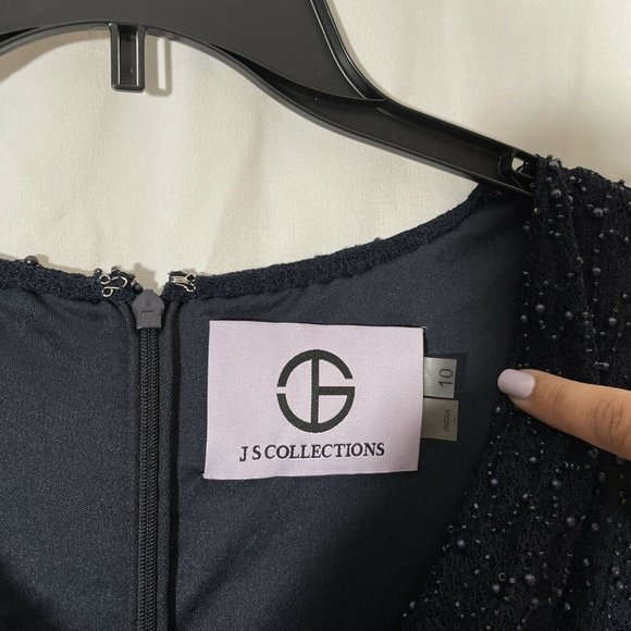 NWT $358 JS Collection Cowl Neck Beaded Mesh‎ Gown in Blue [SZ 10 ] - Picture 7 of 12